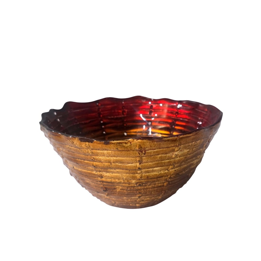 Vintage Ruby Red Amber Art Glass Basketweave Hobnail Scalloped Bowl 5.5"